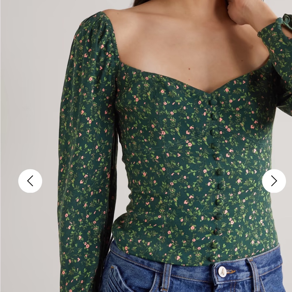Reformation Green Floral Sweetheart Button-Front Top